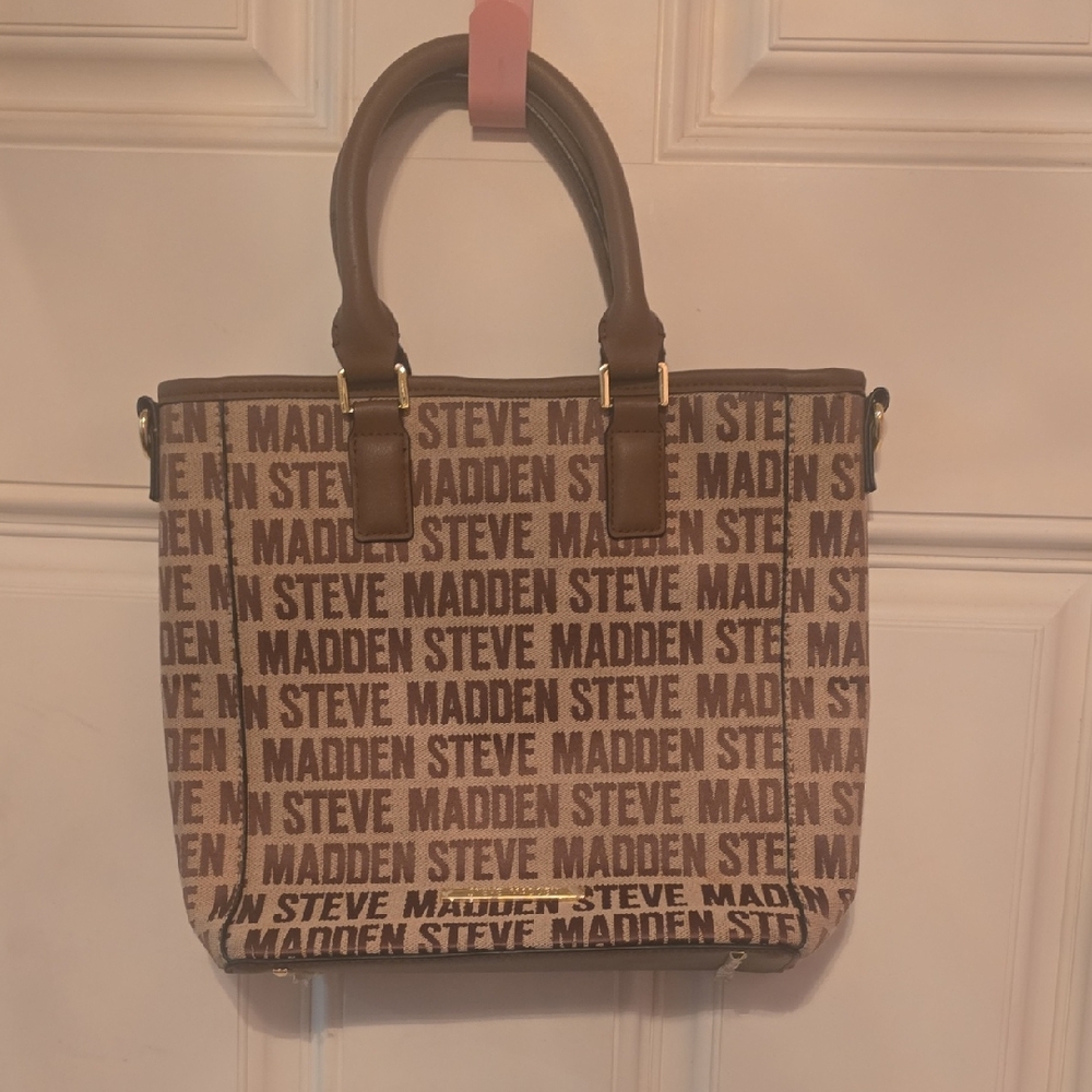 Steve Madden Logo Print Tote in Brown and Cream